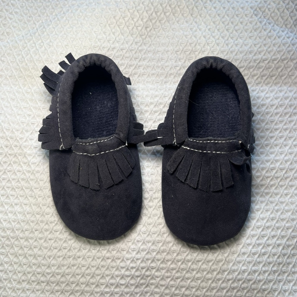 Baby Moccasins Blue Fringe Approx Size 3 Soft Sole Unisex Crawling Shoes Newborn